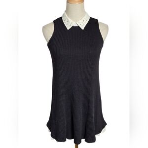 Knitworks Black Ribbed Sleeveless Mini Dress with Embellished White Collar